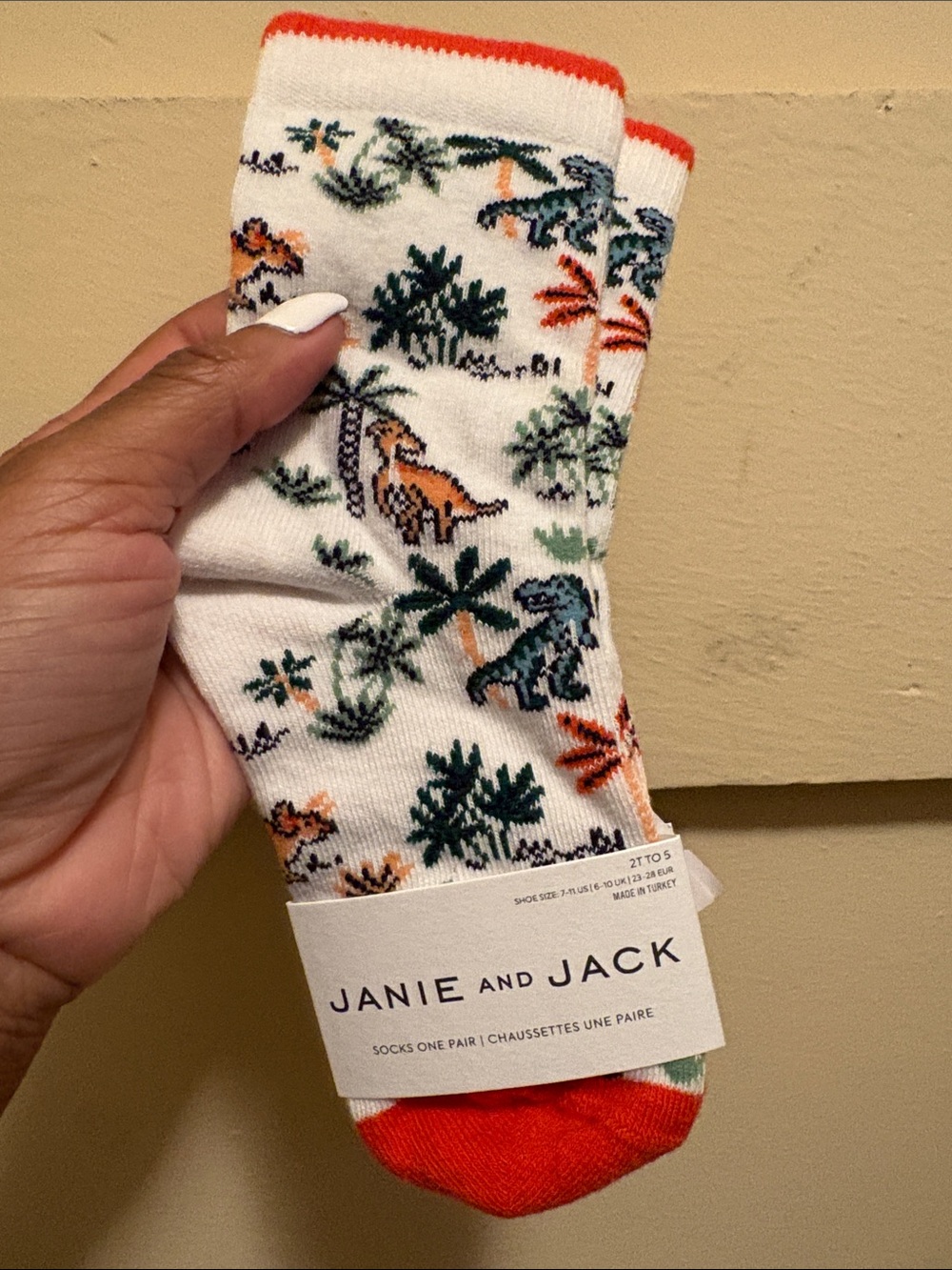 Janie and Jack White Kids Socks with Orange Trim and Dino Print